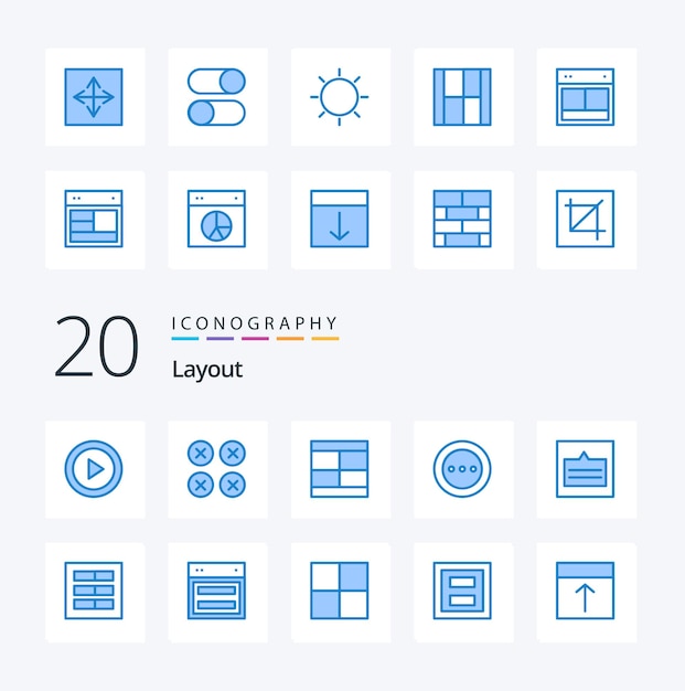 20 Pacote de ícone de cor azul de layout como carregamento de configurações do navegador de design de layout
