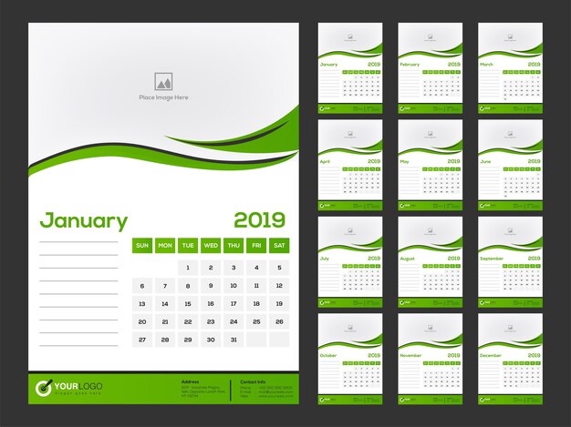 2019 calendar design, conjunto de 12 meses.