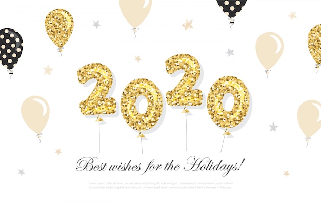2020 ano novo e cartão de natal com balões de glitter dourados.