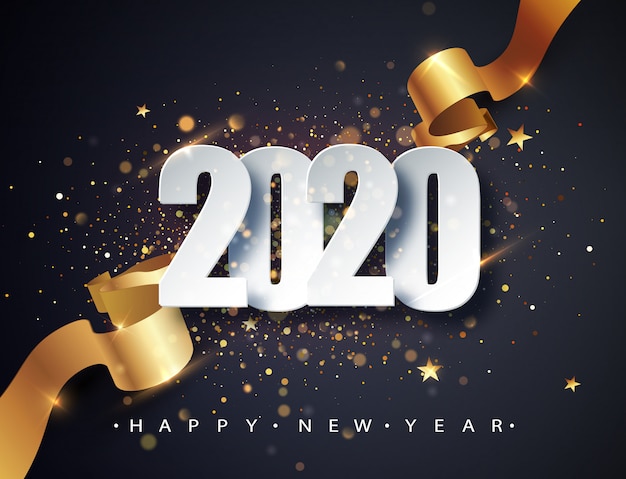 2020 feliz ano novo de fundo vector com fita dourada presente, confete e números brancos.