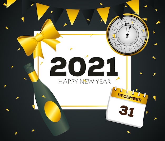 2021 feliz ano novo com garrafa de champanhe e design de calendário. boas-vindas, celebrar e saudar