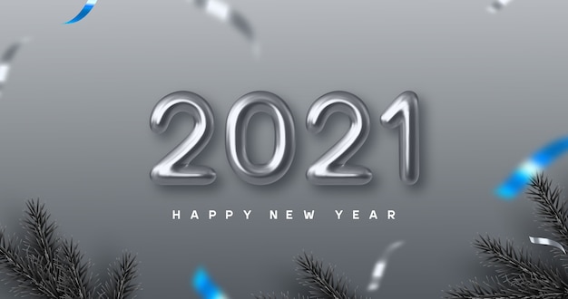 2021 Fundo de feliz ano novo. Mão escrevendo números metálicos 3d 2021 com ramos de pinheiro. Fundo monocromático com contraste azul.