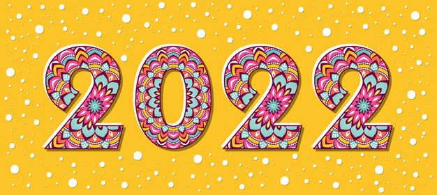 Vetor 2022 ano novo assinar números coloridos 2022 com fundo amarelo texto colorido 2022 feliz ano novo