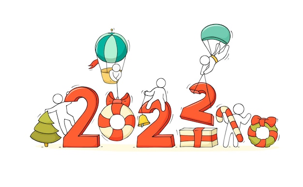 2022 cartão de feliz ano novo. ilustração do doodle dos desenhos animados com pessoas liitle, prepare-se para a celebração.