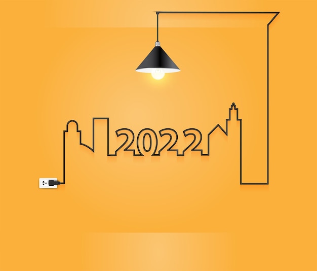 Vetor 2022 design de interiores de ano novo com conceito de ideia criativa de lâmpada de arame na sala de parede, design de modelo de layout moderno de ilustração vetorial
