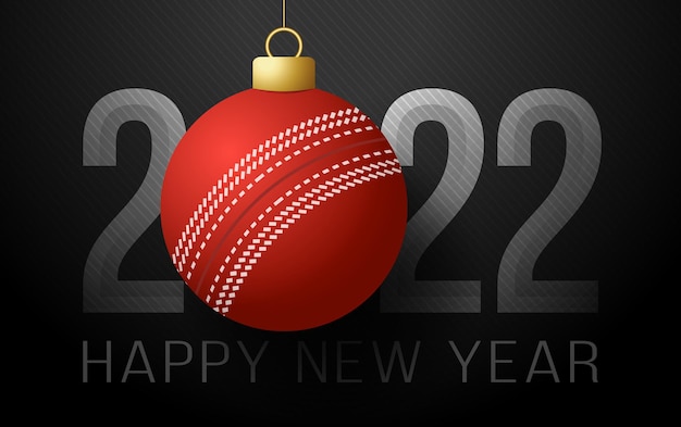 2022 feliz ano novo. cartão de esportes com bola de críquete no fundo de luxo. ilustração vetorial.