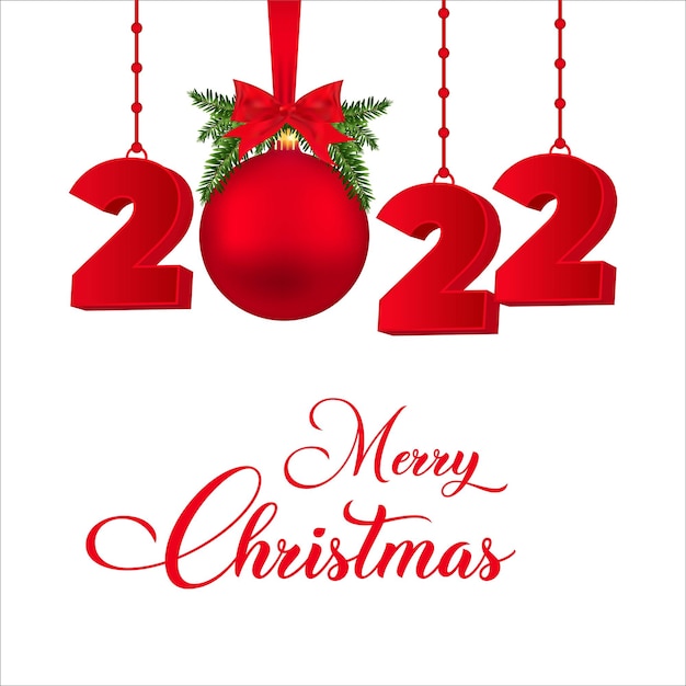 2022 feliz ano novo. feliz natal e feliz ano novo com uma bola de natal e uma fita vermelha. 3d, 2022 feliz ano novo. natal 2022. design vermelho feliz ano novo com folhas de pinheiro e efeito numérico.