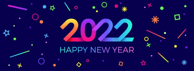 2022 Feliz Ano Novo. Papel memphis geométrico estilo brilhante para folhetos de férias, saudações, convites e cartões de feliz ano novo. Fundo, cartaz ou banner do feriado do vetor.