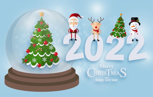 2022 feliz natal feliz natal companheiros. papai noel, boneco de neve, renas e duendes em cena de neve de natal com estilo artesanal em segundo plano.