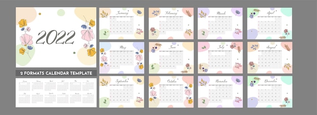 2022 Layout de modelo de calendário anual floral em dois formatos.