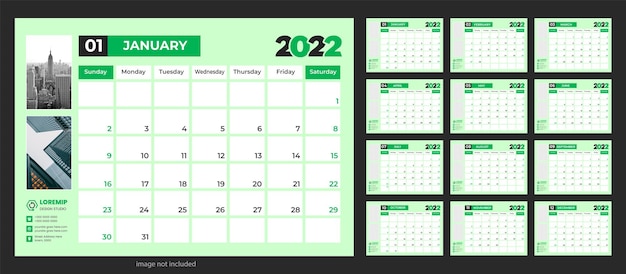 2022 modelo de design de calendário do planejador corporativo definido início da semana no domingo