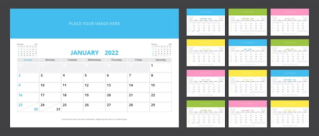 2022 planejador de calendário definido para a semana de design corporativo de modelo começa no domingo.