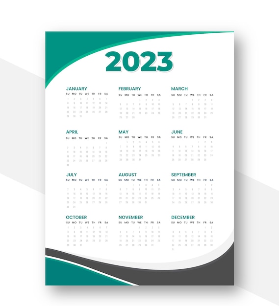 2023, 12 meses, modelo de design de calendário a4.