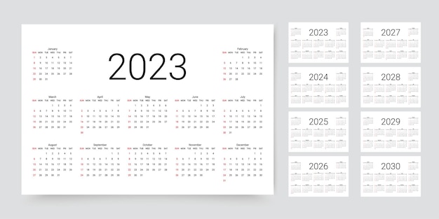 Vetor 2023 2024 2025 2026 2027 2028 2029 calendário de 2030 anos modelo de planejador ilustração vetorial