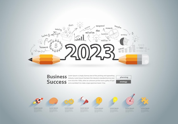 2023 ano novo com design de lápis criativo no desenho de gráficos gráficos de sucesso de negócios estratégia de plano de ideias conceito de ilustração vetorial design de modelo de layout moderno