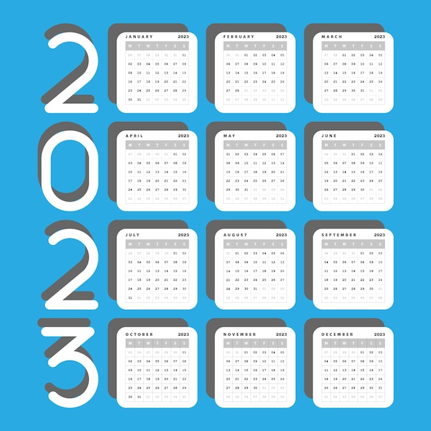 2023 calendário preto e azul design plano