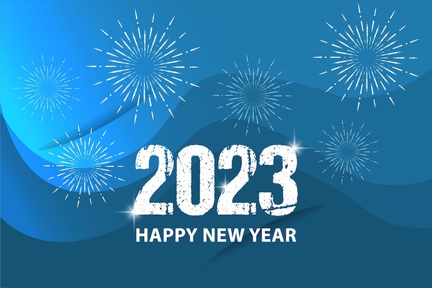 2023 design de ano novo com fundo abstrato azul e fogos de artifício