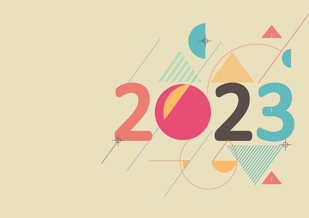 Vetor 2023 design de feliz ano novo com fundo abstrato geométrico moderno em estilo retrô cartão de saudação