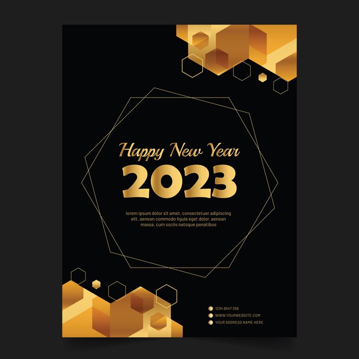 2023 feliz ano novo cartão ou modelo de banner. cartão de números metálicos dourados 2023