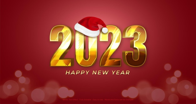 2023 feliz ano novo design em número de ouro com ícone de chapéu de papai noel entre números