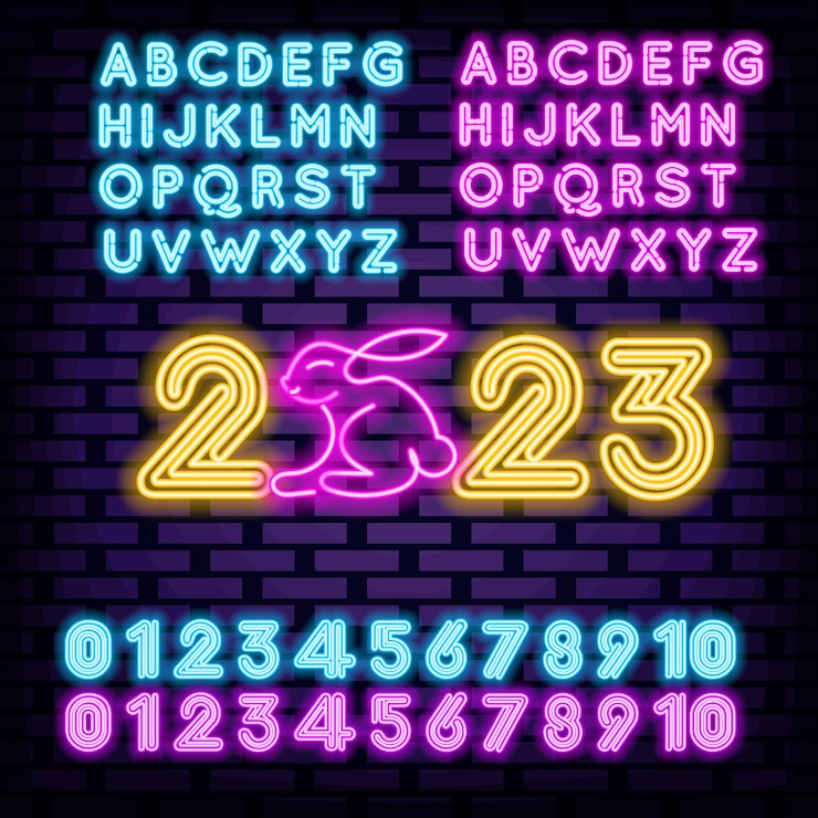 Vetor 2023 feliz ano novo e feliz natal alfabeto neon letreiros brilhando com luz de néon colorida faixa de luz