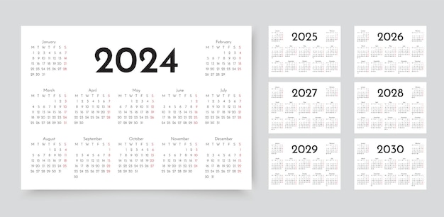 Vetor 2024 2025 2026 2027 2028 2029 20230 anos calendário a semana começa segunda-feira calendários de parede de bolso