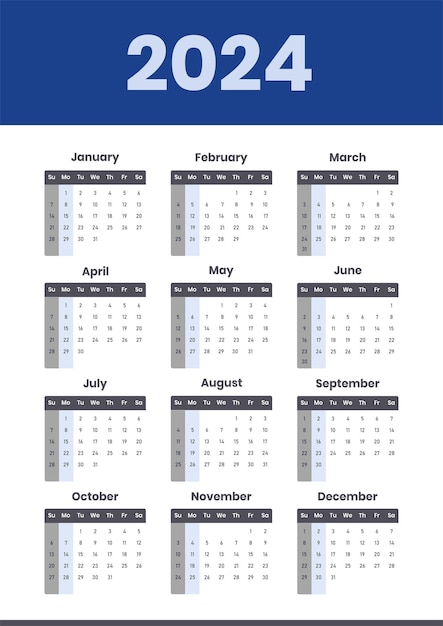 2024 anos calendário layout de calendário Semana começa domingo modelo com 12 meses.