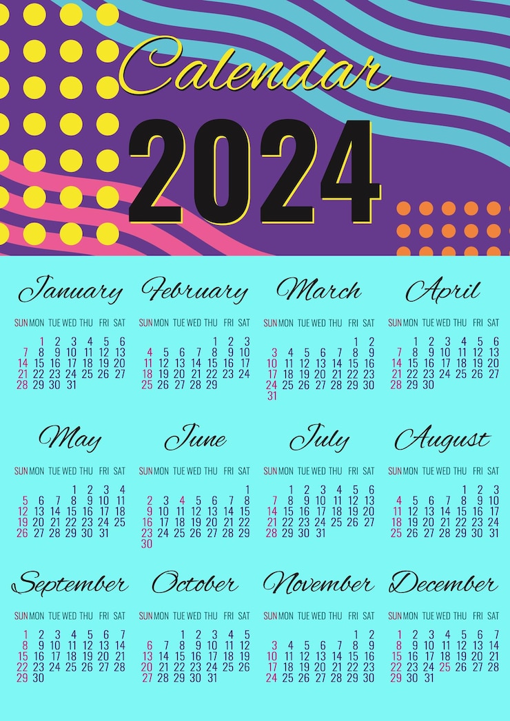 Vetor 2024 calendário feliz ano novo vertical azul roxo rosa amarelo moda cores brilhantes estilo 90s layout modelo design cartaz banner vetor ilustração
