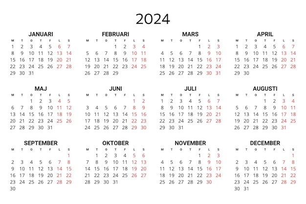 Vetor 2024 calendário sueco ilustração vetorial editável para impressão para a suécia 12 meses ano calendário