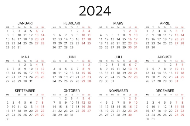 Vetor 2024 calendário sueco ilustração vetorial imprimível editável para a suécia 12 meses ano calendário