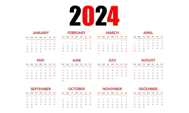 2024 calendário tipográfico inglês semana de design começa a partir de domingo