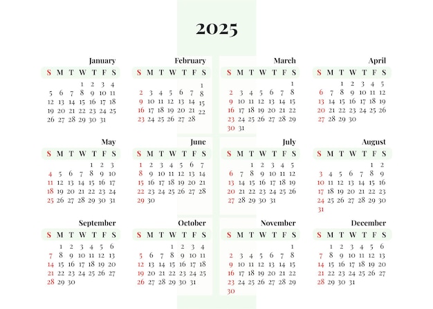 2025 ano calendário semana de ilustração vetorial começa domingo modelo de design minimalista