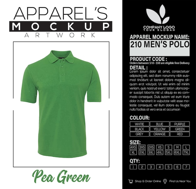 Vetor 210 homens polo pea green vestuário mockup design de obras de arte