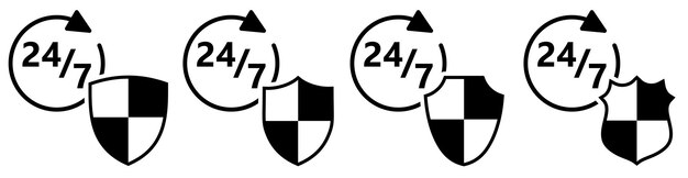 24 7 ícone atrás do escudo, versões diferentes. Proteção ininterrupta ou conceito de segurança