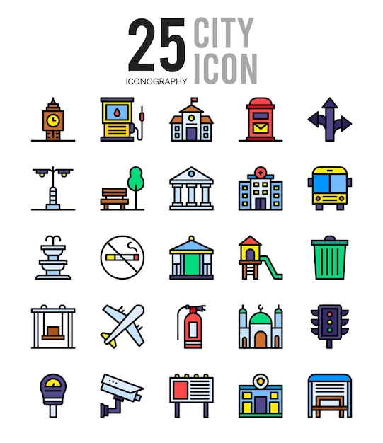 25 city lineal color icon pack vetor ilustração
