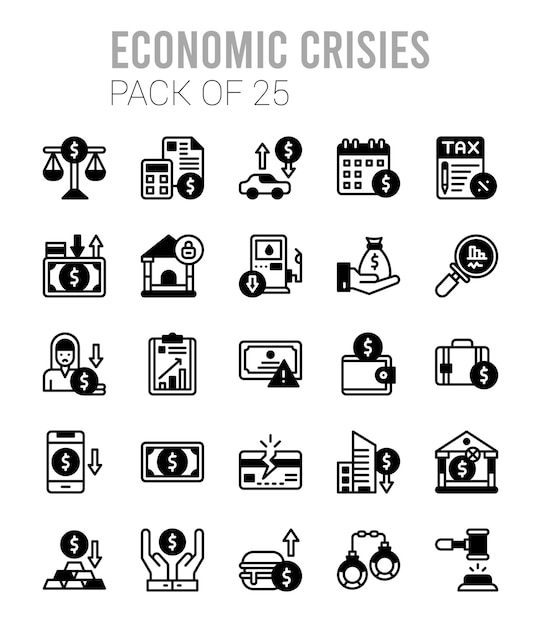 25 crises econômicas linear preenchimento ícones pacote ilustração vetorial