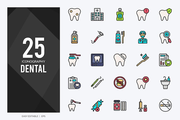 25 Dental Lineal Color ícones pack ilustração vetorial