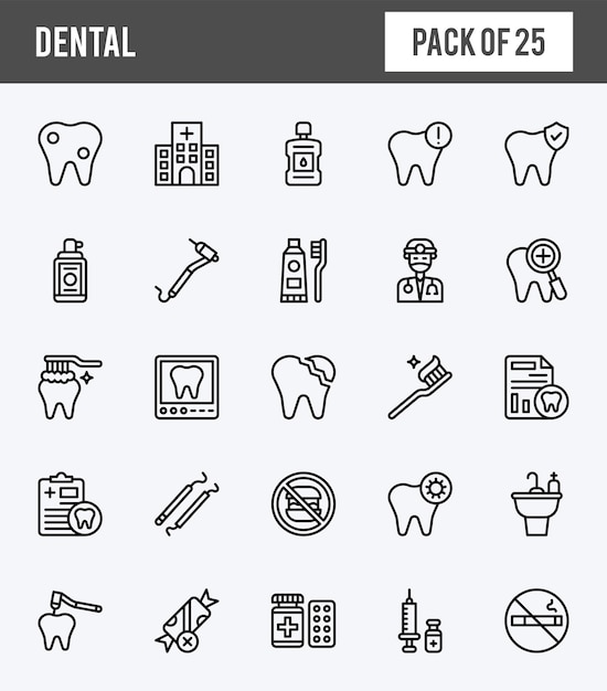 25 dental linear expandido ícones pacote vetor ilustração