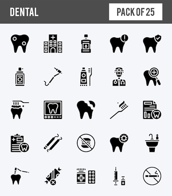 25 ícones de glifo dental pacote ilustração vetorial