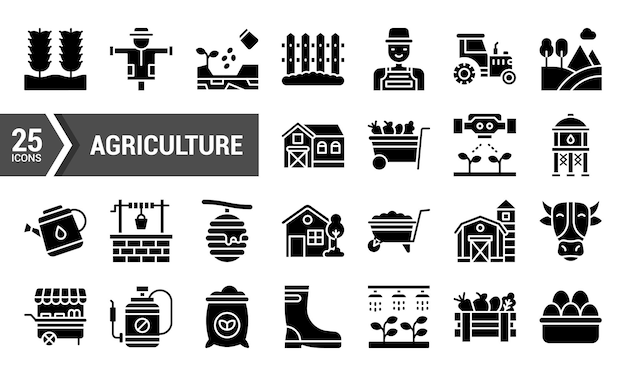 25 Ícones de glifos para a agricultura e a agricultura