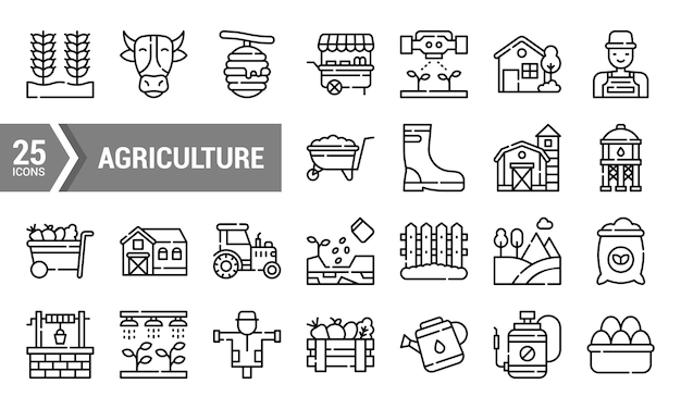 25 Ícones de linha de agricultura para projetos de design