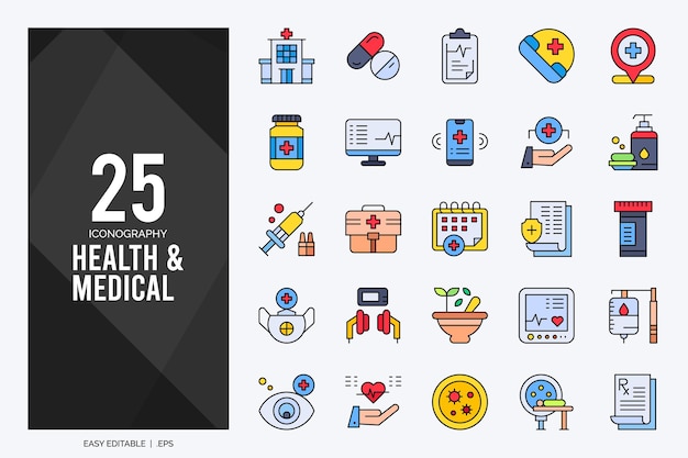 25 ilustração vetorial do pacote de ícones de saúde e cor linear médica