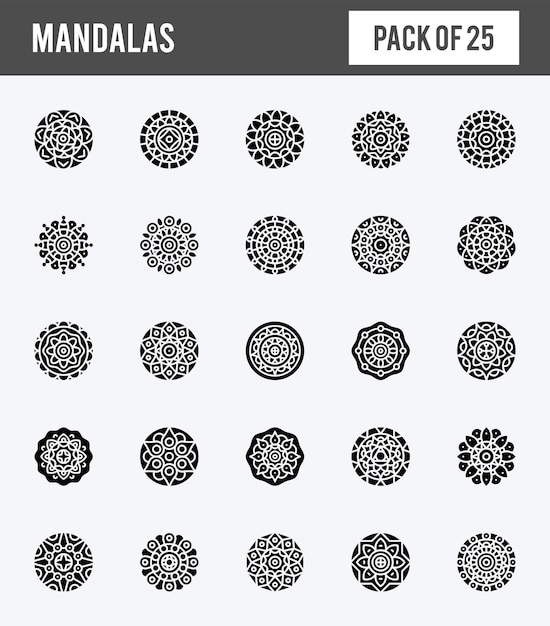 Vetor 25 mandalas glyph ícones pacote ilustração vetorial