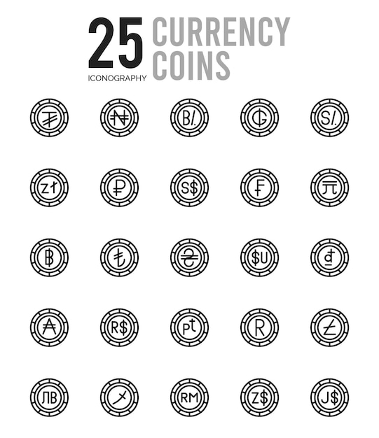 25 moeda moedas linear cor ícone pacote vetor ilustração