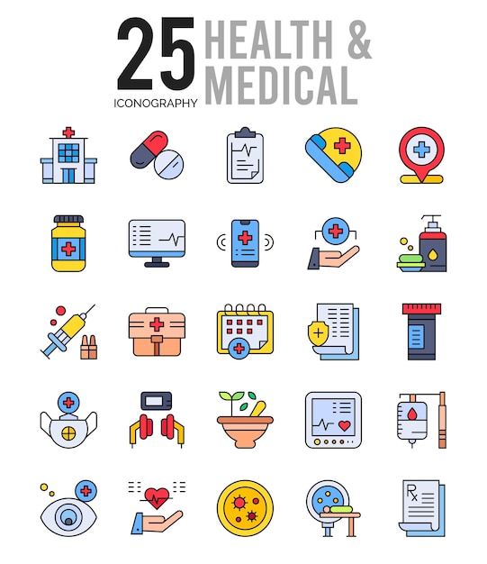 Vetor 25 saúde e médica lineal color icon pack vetor ilustração