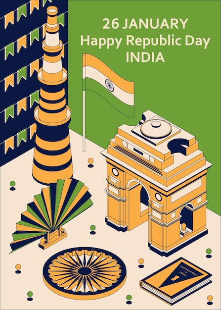 26 de janeiro Dia da República da Índia. Cartão de felicitações em estilo isométrico com portas indianas