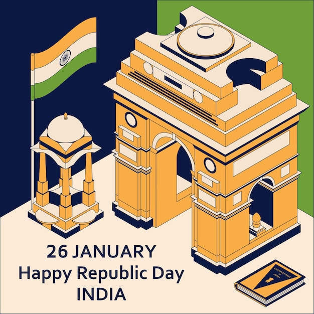 26 de janeiro Dia da República da Índia. Cartão de felicitações em estilo isométrico com portas indianas