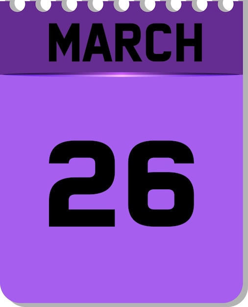Vetor 26 de março no ícone do calendário roxo e preto em fundo branco. pode mudar de cor