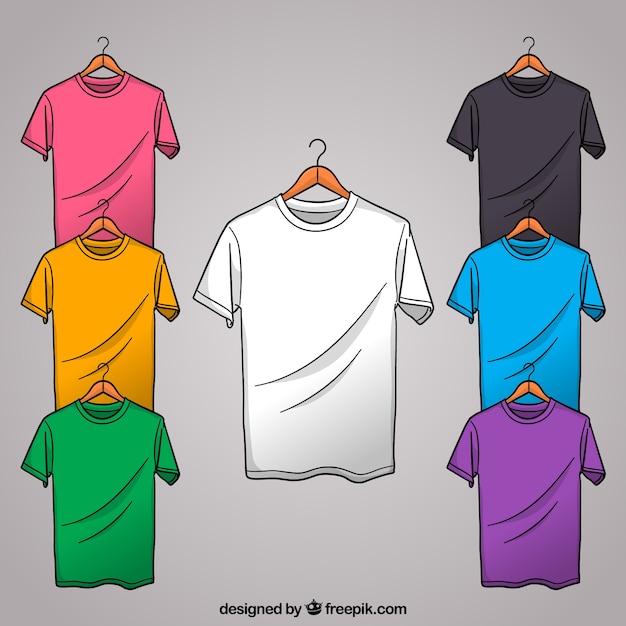 Vetor 2d coleção de t-shirt colorida com estilo mão desenhada