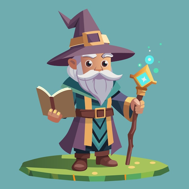 Vetor 2d gaming wizard personagem de pé com livro de magia para o jogo ui